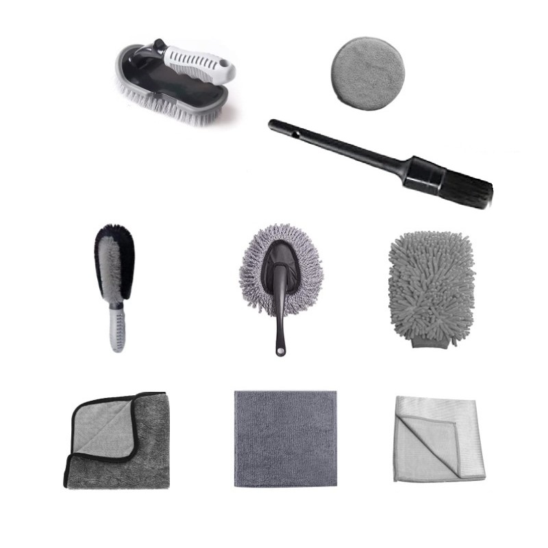 Set 9 Piese pentru Spalat Auto, Flippy, din Plastic si Microfibra, Perii si Lavete, Model B, Gri