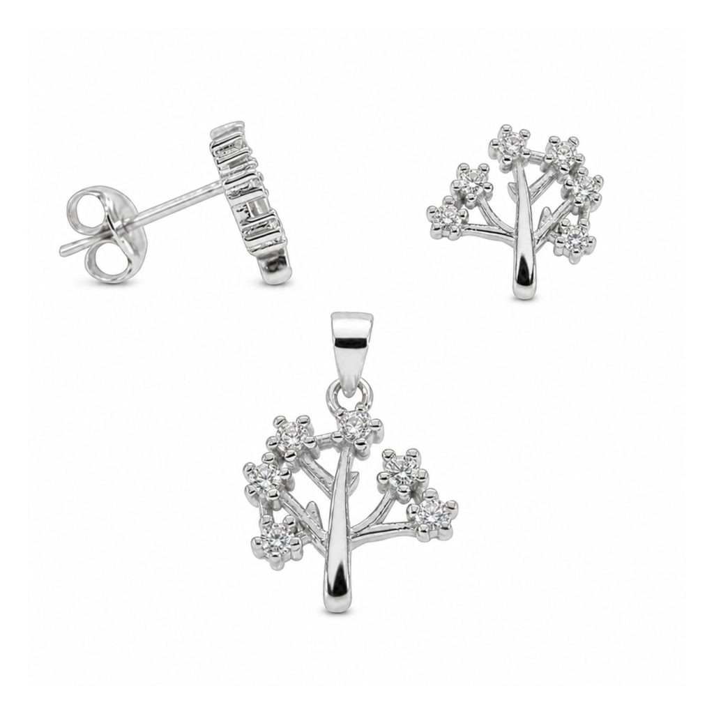 Set Bijuterii din Argint 925, Jolie Silver, Model Copac, cu Zirconii Albe, Cercei si Pandantiv, Design Elegant, Finisaj Lucios, 2.3 g, Argintiu