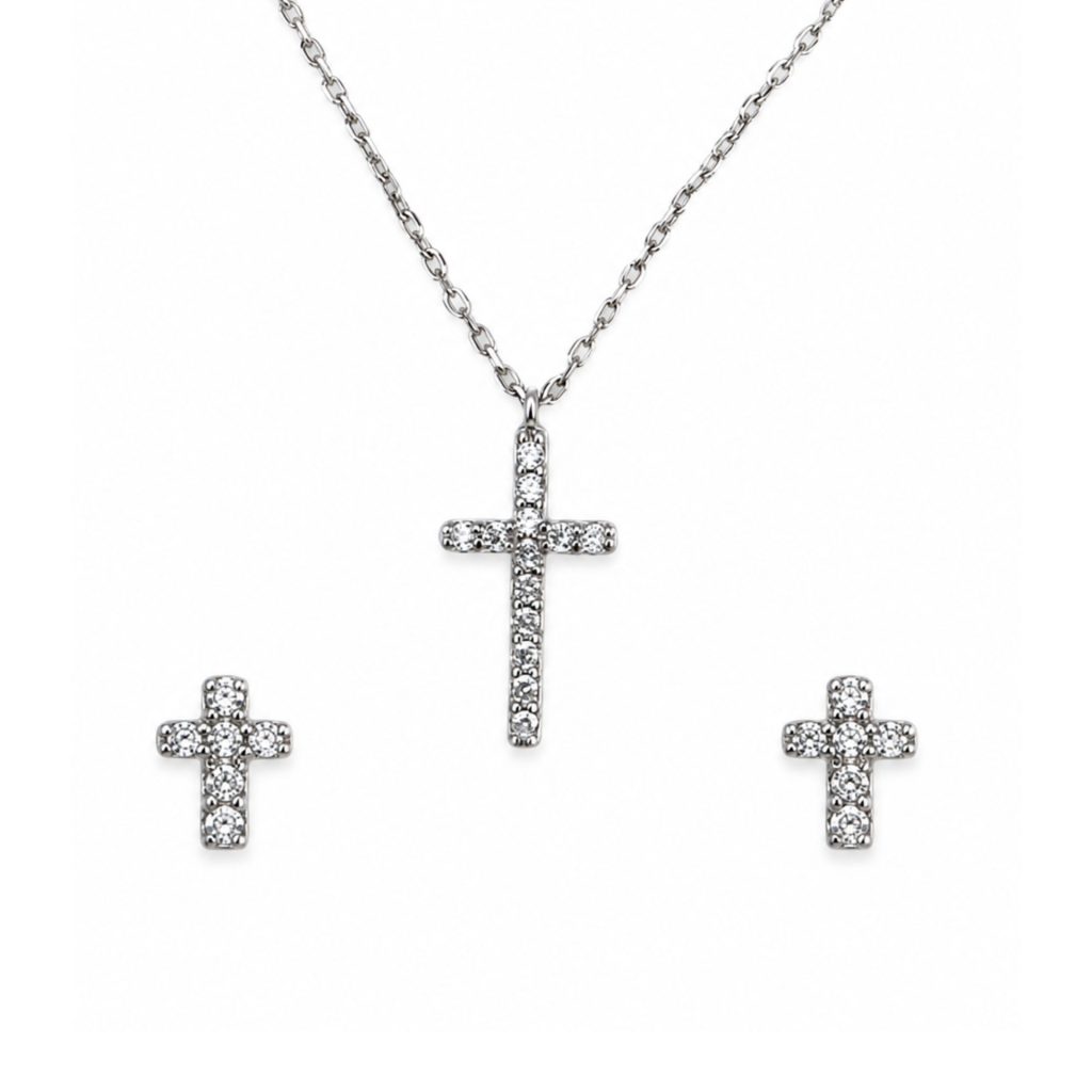 Set Argint 925, Jolie Silver, Model Cruce cu Zirconii Albe, Colier si Cercei, Finisaj Lucios, Argintiu