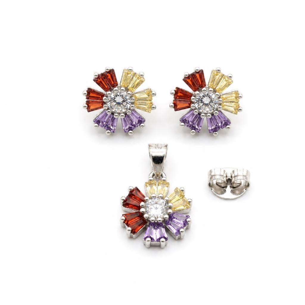 Set Argint 925 Flori Multicolore cu Mijloc Alb Model 1, 5 g