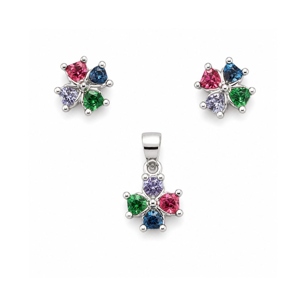 Set de Bijuterii din Argint 925, Jolie Silver, Model Floare cu 4 Petale Colorate, Design Floral Elegant, Finisaj Lucios, Multicolor si Argintiu