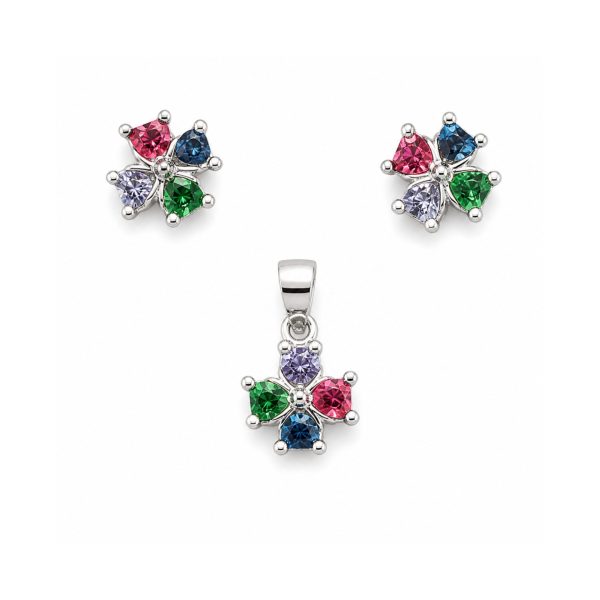 Set de Bijuterii din Argint 925, Jolie Silver, Model Floare cu 4 Petale Colorate, Design Floral Elegant, Finisaj Lucios, Multicolor si Argintiu