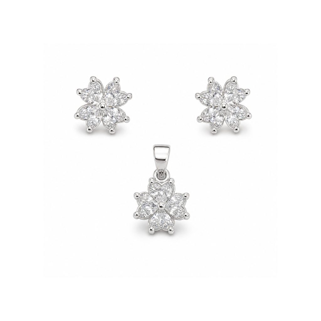 Set de Bijuterii din Argint 925, Jolie Silver, Model Floare cu 4 Petale, Decorat cu Pietre Albe, 1.8 g, Argintiu