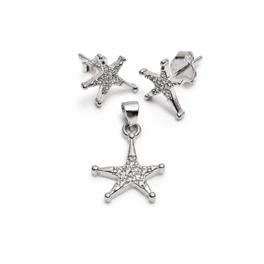 Set Bijuterii din Argint 925, Jolie Silver, Model Stelute Asimetrice, Cercei si Pandantiv, Design Elegant, 1.7 g, 1.5 x 1.1 cm, Argintiu