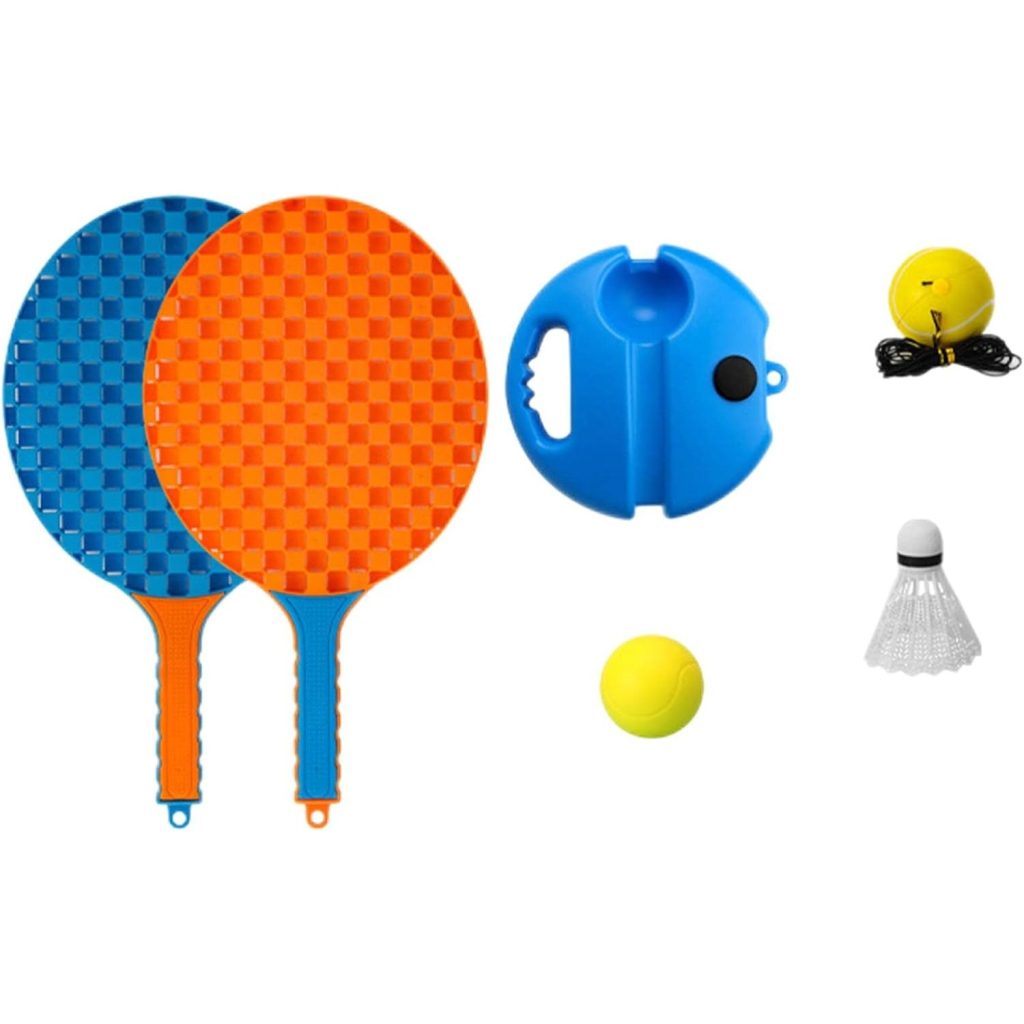Set Badminton pentru Copii, Flippy, Doua Palete, Fluturas, 2 Mingi, Minge cu Elastic pentru Antrenament, Suport de Prindere Stabil, 41x23 cm, Albastru Portocaliu