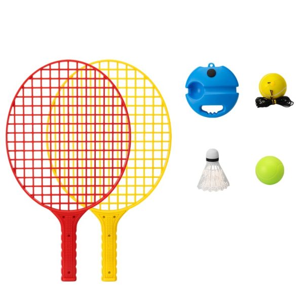 Set Badminton pentru Copii, Flippy, Doua Palete, Fluturas, 2 Mingi, Minge cu Elastic pentru Antrenament, Suport de Prindere Stabil, 40.5x23 cm, Rosu Galben