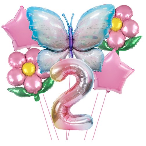 Set baloane aniversare cu numere, din folie de aluminiu, 6 piese, 2 flori, 2 stelute, 1 fluture, 1 cifra, Multicolor, Cifra 2