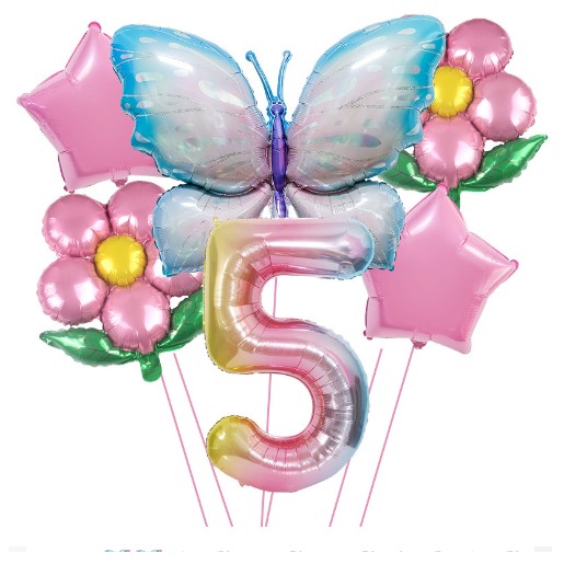 Set baloane aniversare cu numere, din folie de aluminiu, 6 piese, 2 flori, 2 stelute, 1 fluture, 1 cifra, Multicolor, Cifra 5