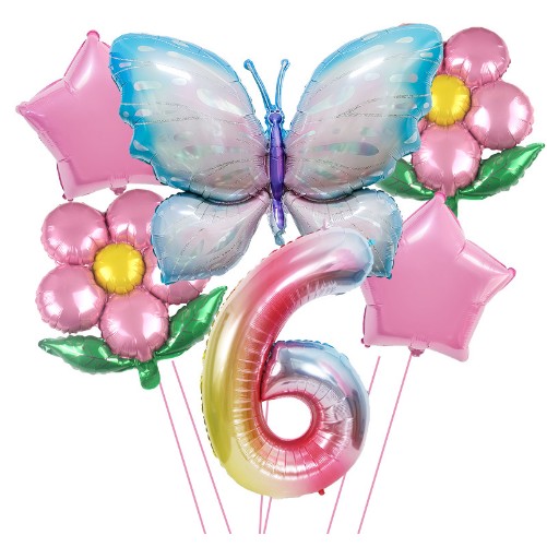 Set baloane aniversare cu numere, din folie de aluminiu, 6 piese, 2 flori, 2 stelute, 1 fluture, 1 cifra, Multicolor, Cifra 6