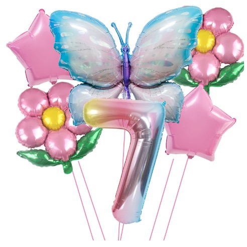 Set baloane aniversare cu numere, din folie de aluminiu, 6 piese, 2 flori, 2 stelute, 1 fluture, 1 cifra, Multicolor, Cifra 7