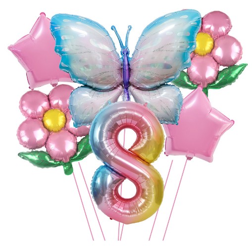 Set baloane aniversare cu numere, din folie de aluminiu, 6 piese, 2 flori, 2 stelute, 1 fluture, 1 cifra, Multicolor, Cifra 8