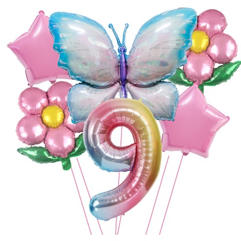 Set baloane aniversare cu numere, din folie de aluminiu, 6 piese, 2 flori, 2 stelute, 1 fluture, 1 cifra, Multicolor, Cifra 9