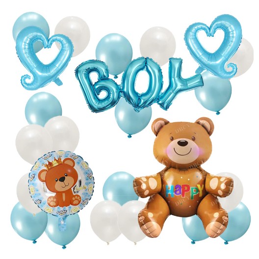 Set 25 Baloane, Flippy, din Latex si Folie de Aluminiu, Model Ursulet/Boy, Diferite Marimi, Albastru