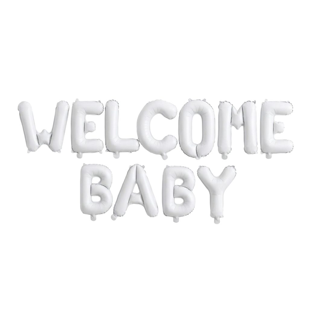 Set Baloane din Folie Metalizata, Flippy, Figurine Litere, Model Welcome Baby, Tema Aniversare, 40 cm, Ambalaj Individual, Pai inclus, Umflare cu Aer sau Heliu, Alb