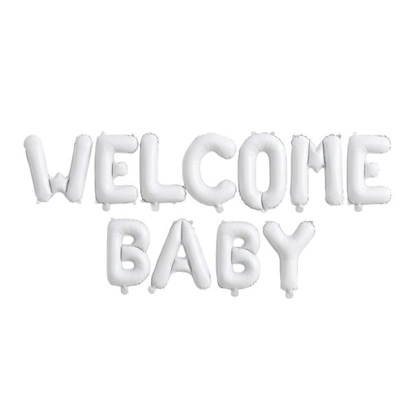 Set Baloane din Folie Metalizata, Flippy, Figurine Litere, Model Welcome Baby, Tema Aniversare, 40 cm, Ambalaj Individual, Pai inclus, Umflare cu Aer sau Heliu, Alb