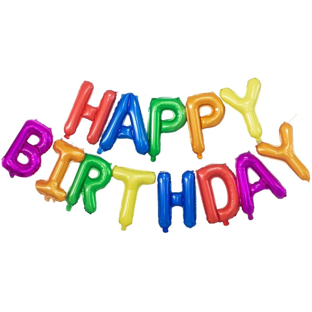 Set Baloane din Folie Metalizata, Flippy, Model Happy Birthday, Litere de 40 cm, Baloane Party, Ambalaj Individual, Pai, Ata si Adeziv Incluse, Umflare cu Aer sau Heliu, Multicolor