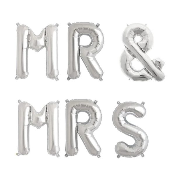 Set Baloane din Folie Metalizata, Flippy, Figurine Litere, Model MR&MRS, Tema Nunta, 40 cm, Baloane Party, Ambalaj Individual, Pai inclus, Umflare cu Aer sau Heliu, Argintiu