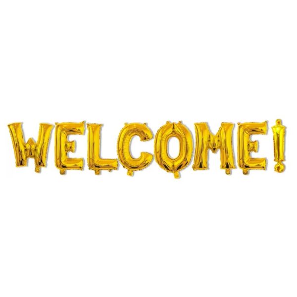 Set Baloane din Folie Metalizata, Flippy, Model WELCOME!, Litere de 40 cm, Baloane Party, Ambalaj Individual, Pai Inclus, Umflare cu Aer sau Heliu, Auriu