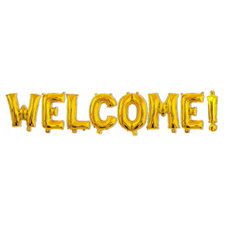 Set Baloane din Folie Metalizata, Flippy, Model WELCOME!, Litere de 40 cm, Baloane Party, Ambalaj Individual, Pai Inclus, Umflare cu Aer sau Heliu, Auriu