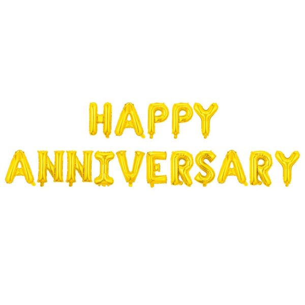 Set Baloane din Folie Metalizata, Flippy, Model Happy Anniversary, Litere de 40 cm, Baloane Party, Ambalaj Individual, Pai Inclus, Umflare cu Aer sau Heliu, Auriu
