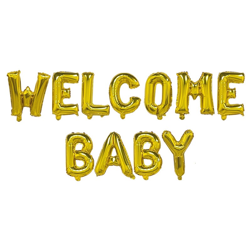 Set Baloane din Folie Metalizata, Flippy, Model Welcome Baby, Litere de 40 cm, Baloane Party, Ambalaj Individual, Pai, Ata si Adeziv Incluse, Umflare cu Aer sau Heliu, Auriu