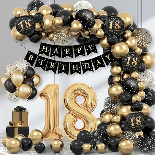 Set Baloane Folie si Latex, Flippy, Tematica Aniversare Majorat, Baloane Latex, Figurine Cifrele 1 si 8, Ambalaj Individual, Pai Inclus, Umflare cu Aer sau Heliu, Auriu Negru