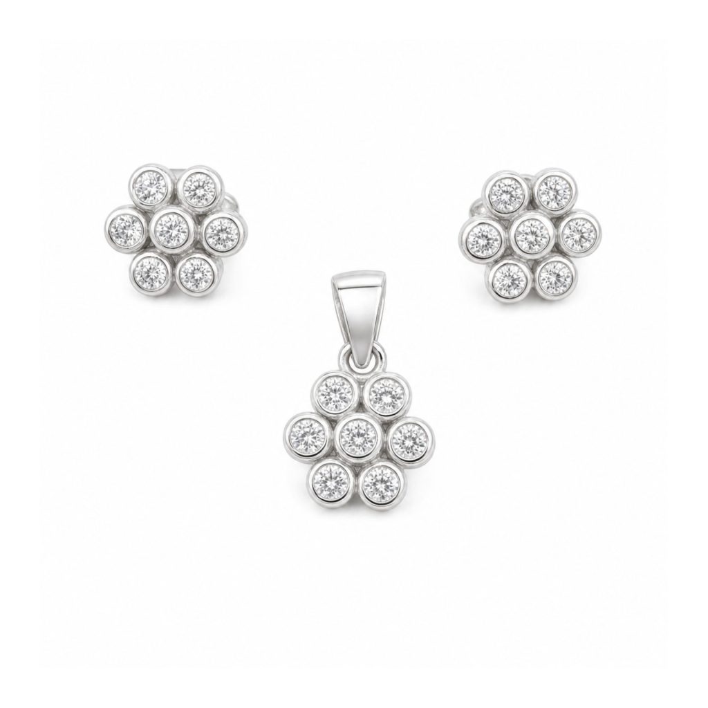 Set Bijuterii Dama Argint 925, Jolie, Cercei cu Pandativ, Model Floricele Rotunde cu Pietre Albe, 1.7 g, Argintiu