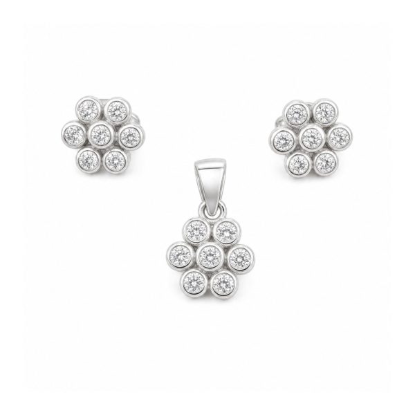 Set Bijuterii Dama Argint 925, Jolie, Cercei cu Pandativ, Model Floricele Rotunde cu Pietre Albe, 1.7 g, Argintiu