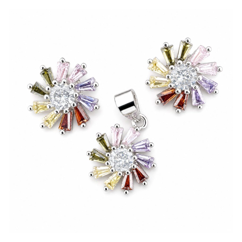 Set Bijuterii Dama Argint 925, Jolie, Model Flori Multicolore cu Mijloc Alb, Petale, 4.2 g, Multicolor/Argintiu