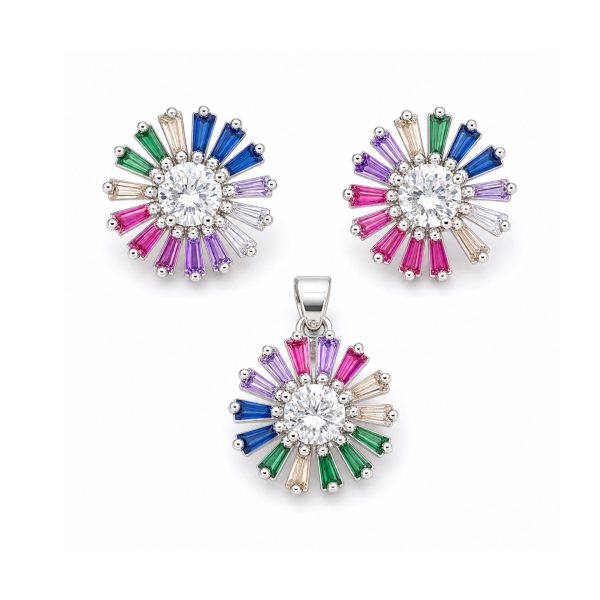 Set Bijuterii Dama Argint 925, Jolie, Model Flori Multicolore cu Mijloc Alb, Petale Drepte, 5.4 g, Multicolor/Argintiu.