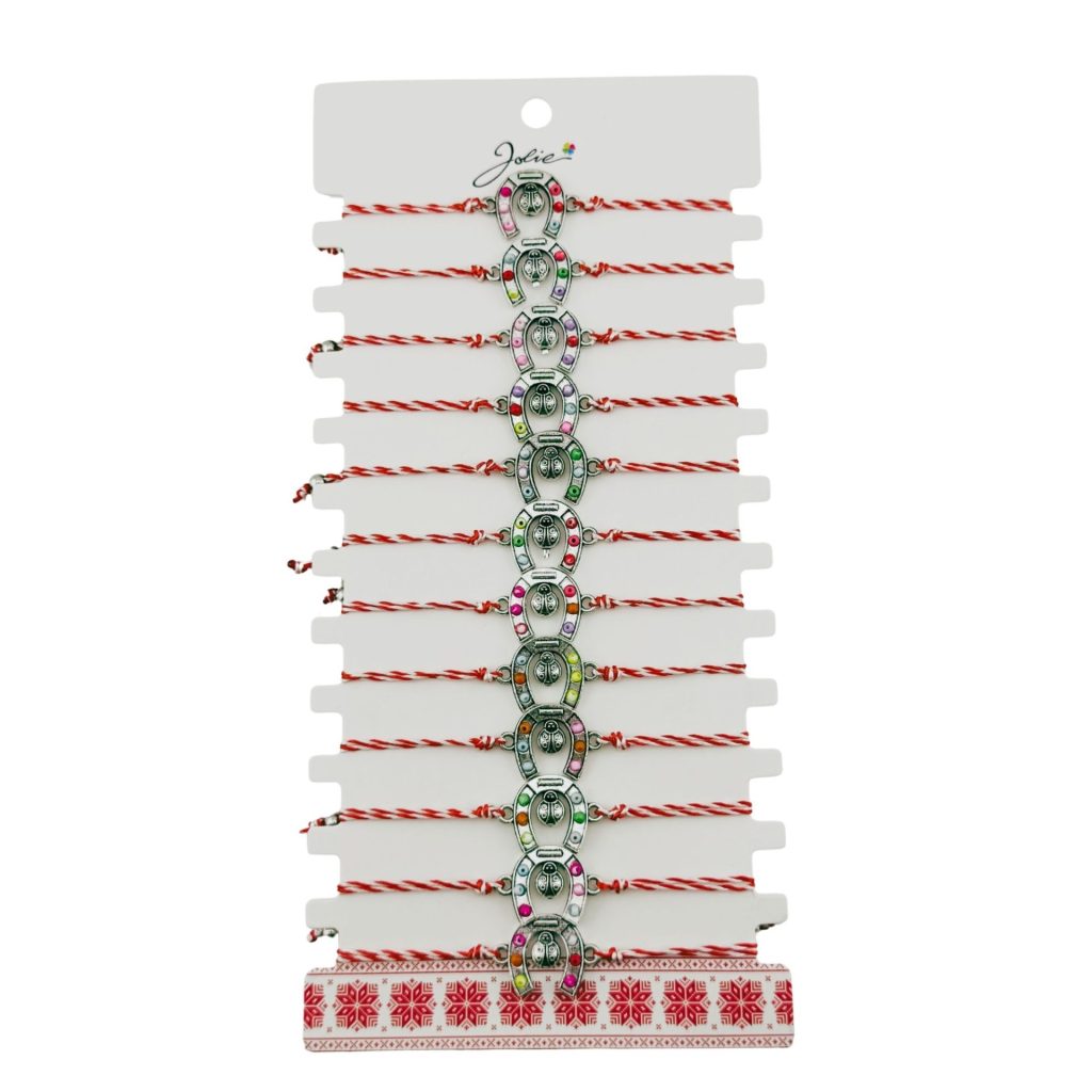 Bratara Martisor pentru Dama, Jolie, Model Potcoava, Set 12 bucati, Pandativ Argintiu din Inox cu Snur Alb-Rosu Ajustabil