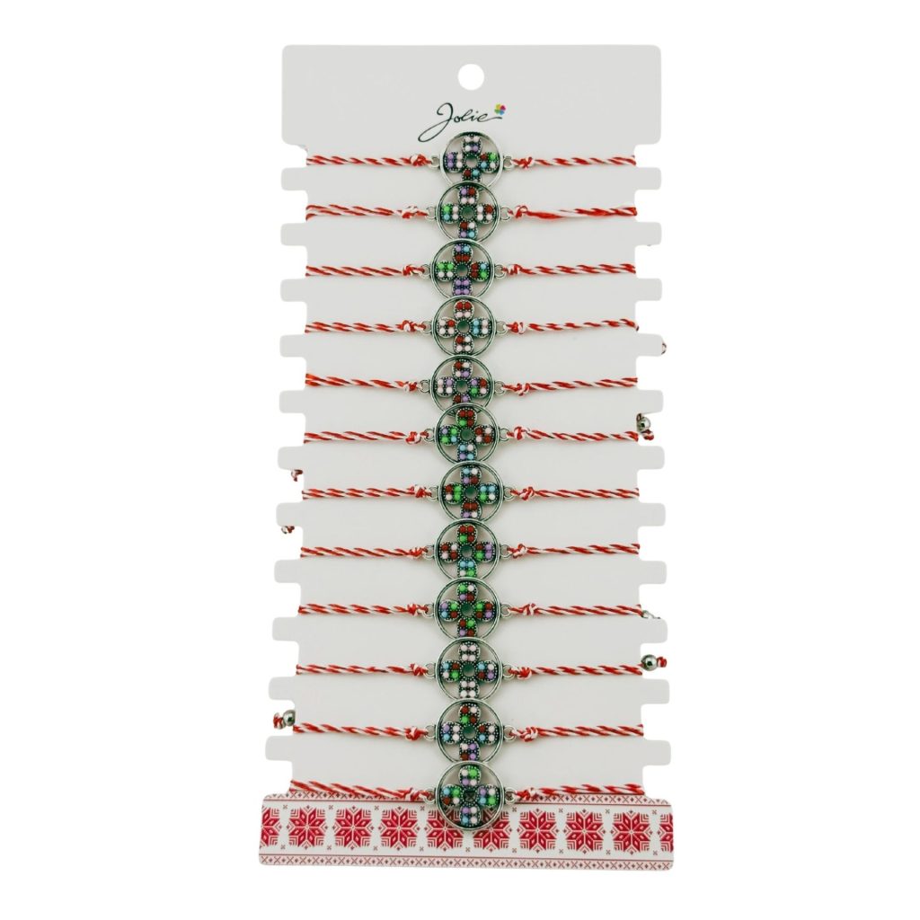 Bratara Martisor pentru Dama, Jolie, Model Floare, Set 12 bucati, Pandativ Argintiu din Inox cu Snur Alb-Rosu Ajustabil