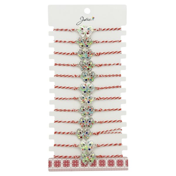 Bratara Martisor pentru Dama, Jolie, Model Fluture Multicolor, Set 12 bucati, Pandativ Argintiu din Inox cu Elemente Multicolore, Snur Alb/Rosu