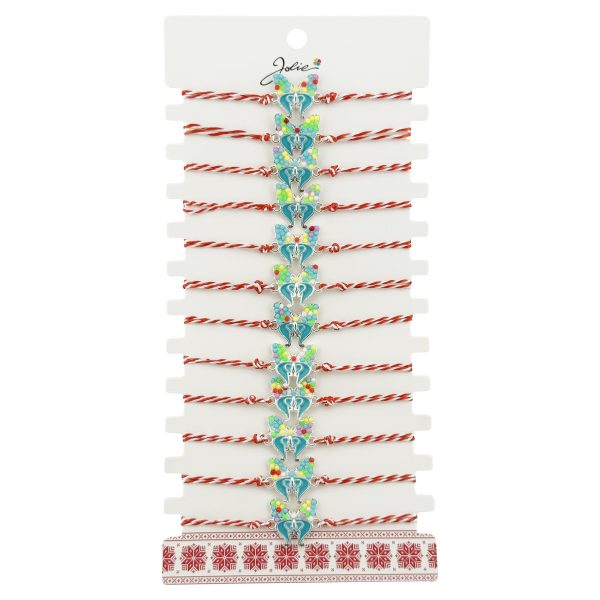 Bratara Martisor pentru Dama, Jolie, Model Fluturas Multicolor, Set 12 bucati, Pandativ Argintiu din Inox cu Elemente Multicolore, Snur Alb/Rosu