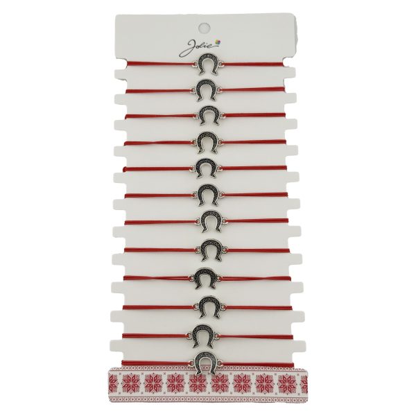 Bratara Martisor pentru Dama, Jolie, Model Potcoava, Set 12 bucati, Pandativ Argintiu din Inox cu Snur Rosu Ajustabil
