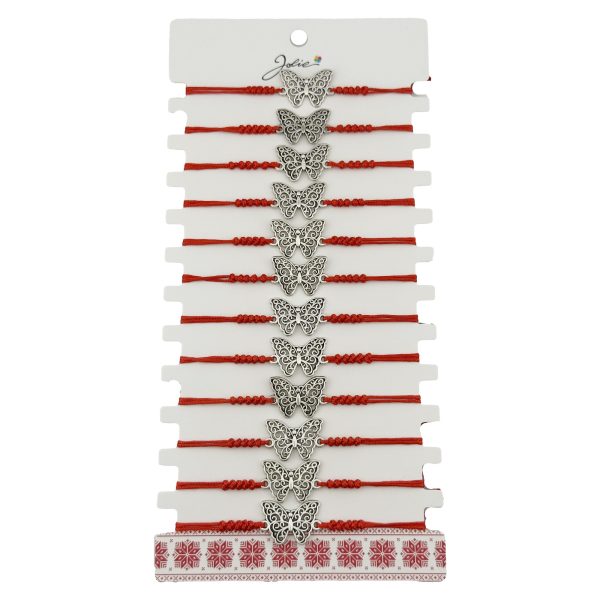 Bratara Martisor pentru Dama, Jolie, Model Fluture, Set 12 bucati, Pandativ Argintiu din Inox cu Snur Rosu Ajustabil
