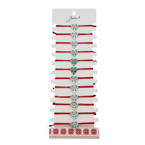 Bratara Martisor pentru Dama, Jolie, Model Copac in Inima, Set 12 bucati, Pandativ Argintiu din Inox cu Snur Rosu Ajustabil