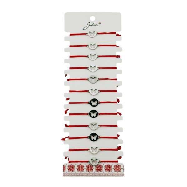Bratara Martisor pentru Dama, Jolie, Model Fluture in Cerc, Set 12 bucati, Pandativ Argintiu din Inox cu Snur Rosu Ajustabil