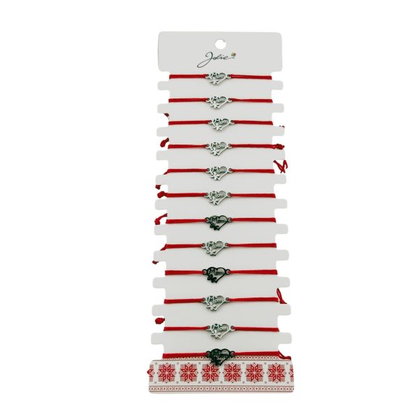 Bratara Martisor pentru Dama, Jolie, Model Inima cu Fluture, Set 12 bucati, Pandativ Argintiu din Inox cu Snur Rosu Ajustabil