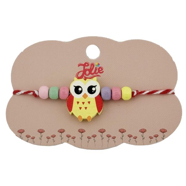 Bratara Martisor pentru Copii, Jolie, Pandativ Bufnita, cu Margele Multicolore, Snur Alb/Rosu, Galben