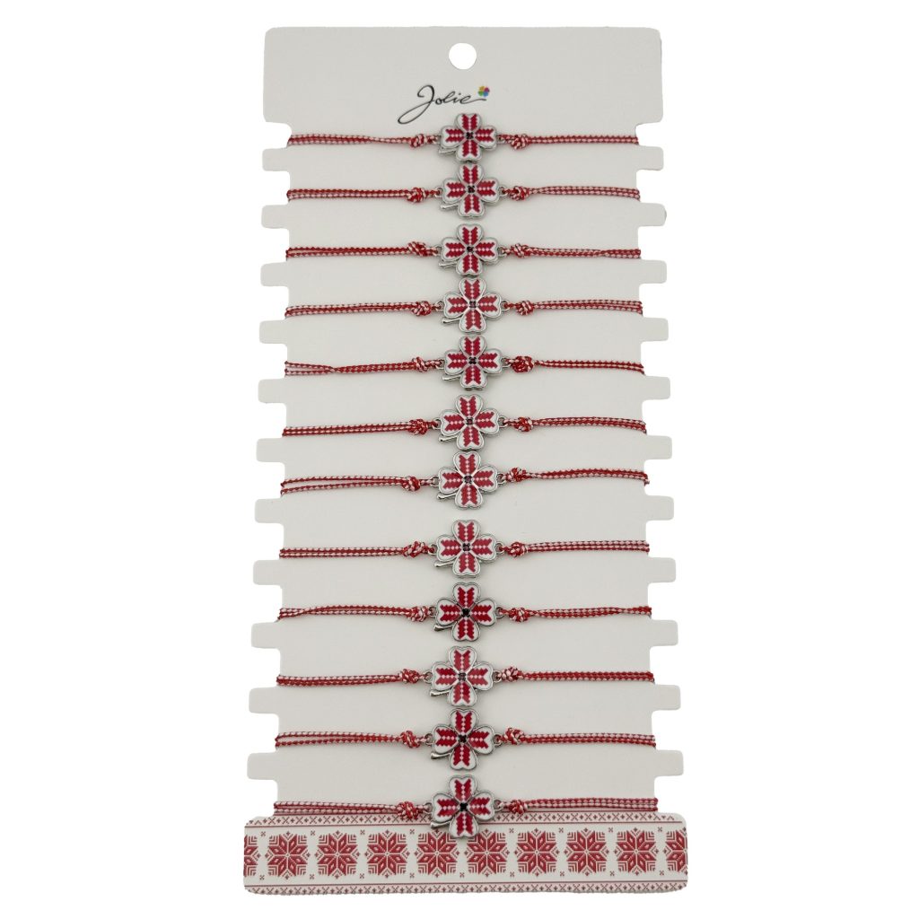 Bratara Martisor pentru Dama, Jolie, Model Trifoi, Set 12 bucati, Pandativ din Aliaj cu Print Traditional, Snur Ajustabil Impletit, Alb/Rosu