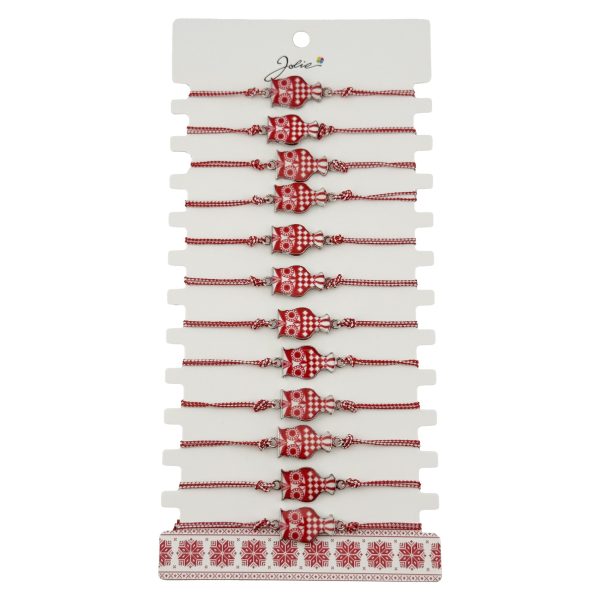 Bratara Martisor pentru Dama, Jolie, Model Bufnita, Set 12 bucati, Pandativ din Aliaj cu Print Traditional, Snur Ajustabil Impletit, Alb/Rosu