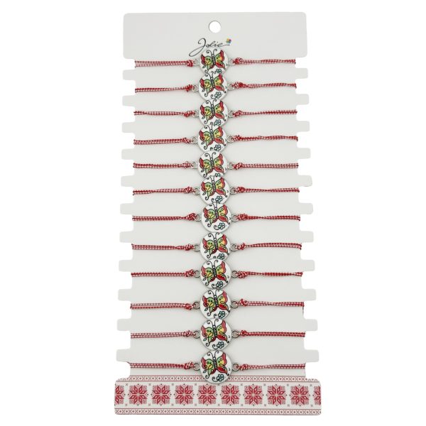 Bratara Martisor pentru Dama, Jolie, Model Fluture, Set 12 bucati, Pandativ din Aliaj cu Print Traditional, Snur Ajustabil Impletit, Alb/Rosu
