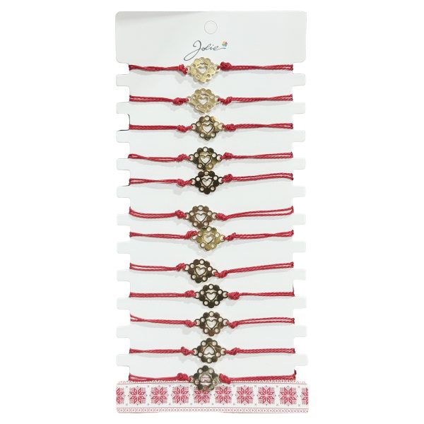 Bratara Martisor pentru Dama, Jolie, Model Inima in Floare, Set 12 bucati, Pandativ Auriu din Inox cu Snur Rosu Ajustabil