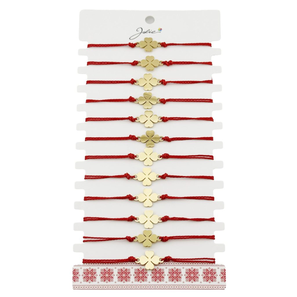 Bratara Martisor pentru Dama, Jolie, Model Trifoi, Set 12 bucati, Pandativ din Inox Auriu, Snur Ajustabil Impletit, Rosu