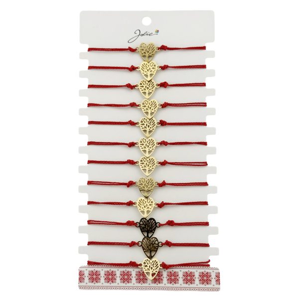 Bratara Martisor pentru Dama, Jolie, Model Copac in Inima, Set 12 bucati, Pandativ din Inox Auriu, Snur Ajustabil Impletit, Rosu