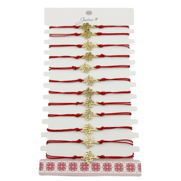 Bratara Martisor pentru Dama, Jolie, Model Copac, Set 12 bucati, Pandativ din Inox Auriu, Snur Ajustabil Impletit, Rosu