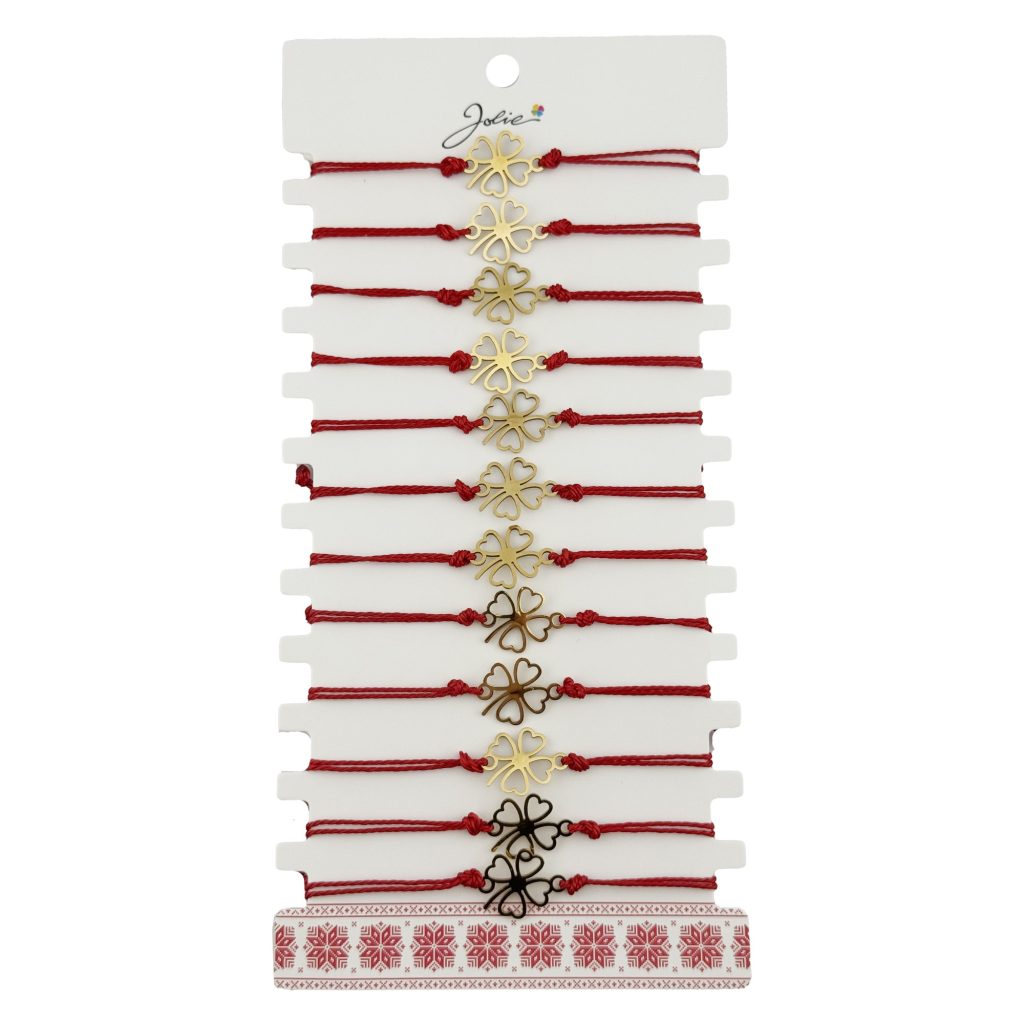 Bratara Martisor pentru Dama, Jolie, Model Trifoi in Contur, Set 12 bucati, Pandativ Auriu din Inox cu Snur Rosu Ajustabil