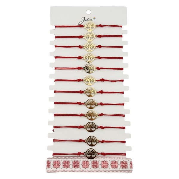 Bratara Martisor pentru Dama, Jolie, Model Copacul Vietii, Set 12 bucati, Pandativ Auriu din Inox cu Snur Rosu Ajustabil