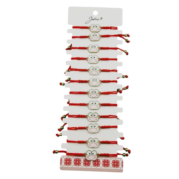 Martisor Bratara pentru Dama si Copii, Jolie, Model Broscuta Vesela, Set 12 bucati, Pandantiv Emailat, Snur Reglabil, Rosu/Roz